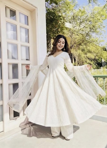 Nsr 919 Pure Cotton Chiffly Work Anarkali Kurti With Bottom Dupatta